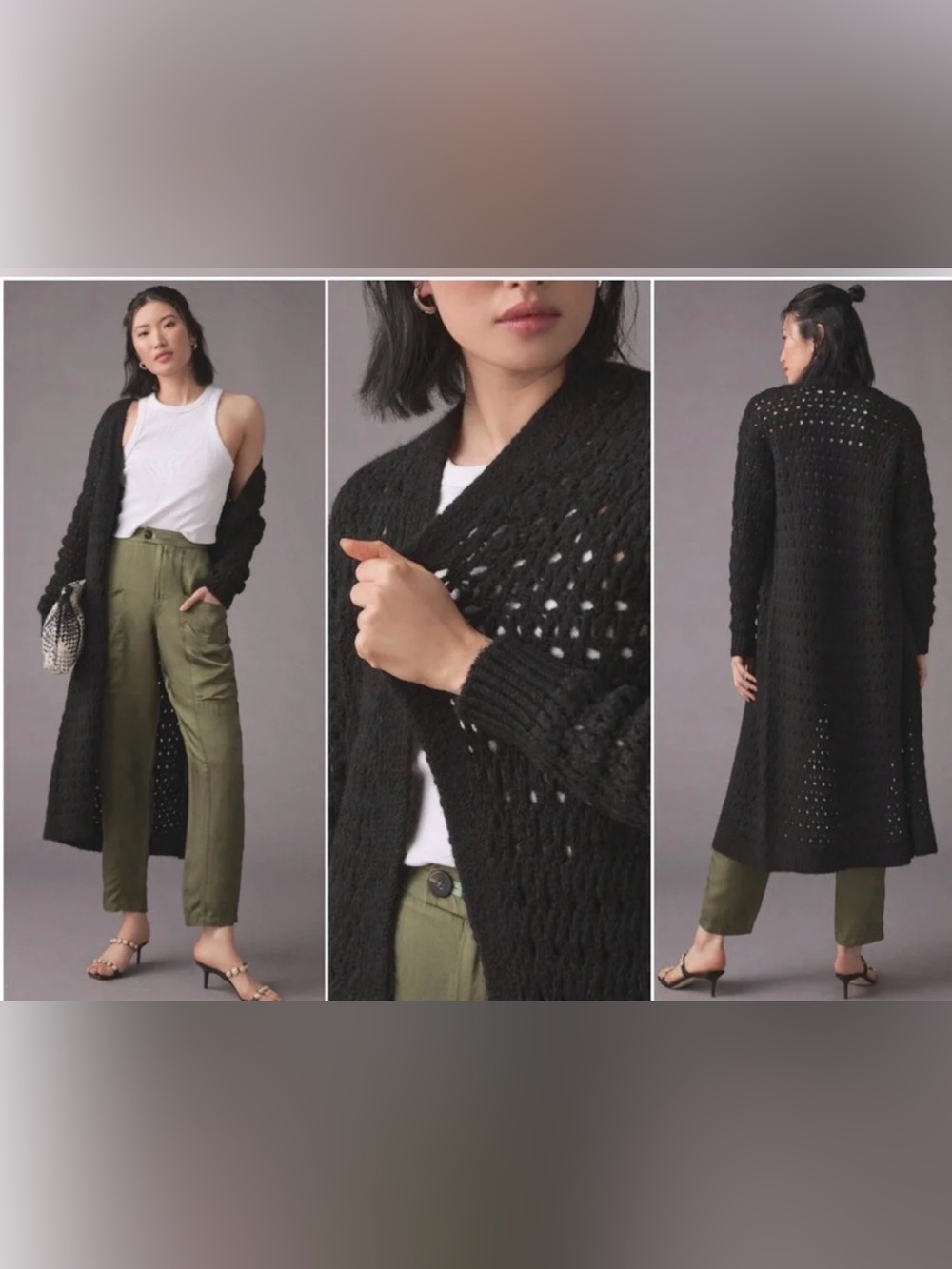 BY ANTHROPOLOGIE Long Cardigan Sweater Duster S Open Knit cutout Crochet Black